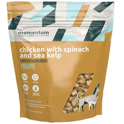 Treats are made from high-quality chicken, spinach, and sea kelp that are free of artificial flavors, preservatives, additives, hormones, and antibiotics. Packed with protein that supports muscle development and contain essential vitamins and minerals that promote energy, immune function, and overall vitality.