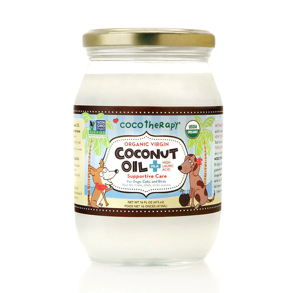 CocoTherapy Organic VCO (virgin coconut oil) is 100% pure and natural. It is the only veterinarian recommended therapeutic-grade organic VCO for pets on the market, and contains the highest levels of MCFAs (Lauric Acid) for optimum healing benefits. Good for dogs, cats, birds, other furry creatures, and people too!