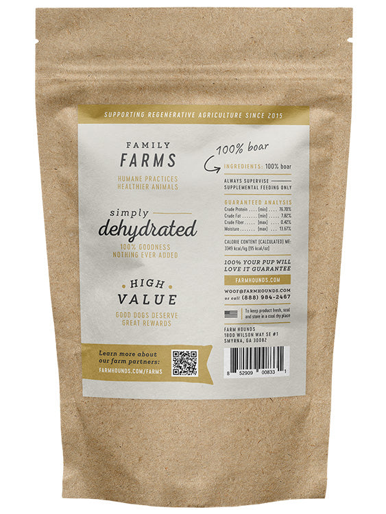 Package of Farm Hounds Boar Strips jerky treats for dogs showing the nutritional information.