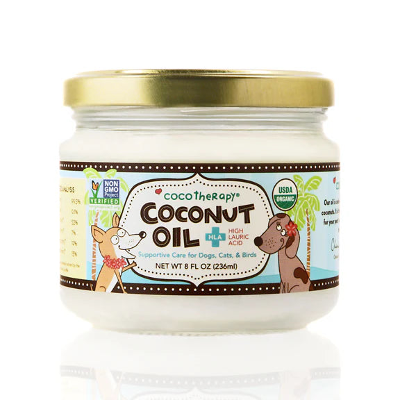 CocoTherapy Organic VCO (virgin coconut oil) is 100% pure and natural. It is the only veterinarian recommended therapeutic-grade organic VCO for pets on the market, and contains the highest levels of MCFAs (Lauric Acid) for optimum healing benefits. Good for dogs, cats, birds, other furry creatures, and people too!