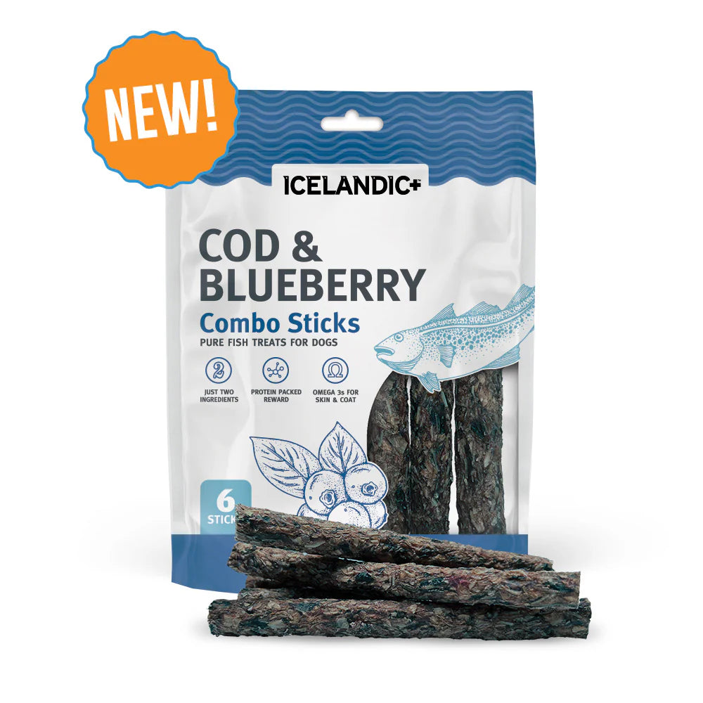 Icelandic+ Cod and Blueberry Combo Sticks are sustainably sourced, wild-caught, 100% natural, and free of additives or preservatives. Dogs love the irresistible taste and satisfying crunch of these protein packed treats, making them a perfect reward for dogs with protein sensitivities.