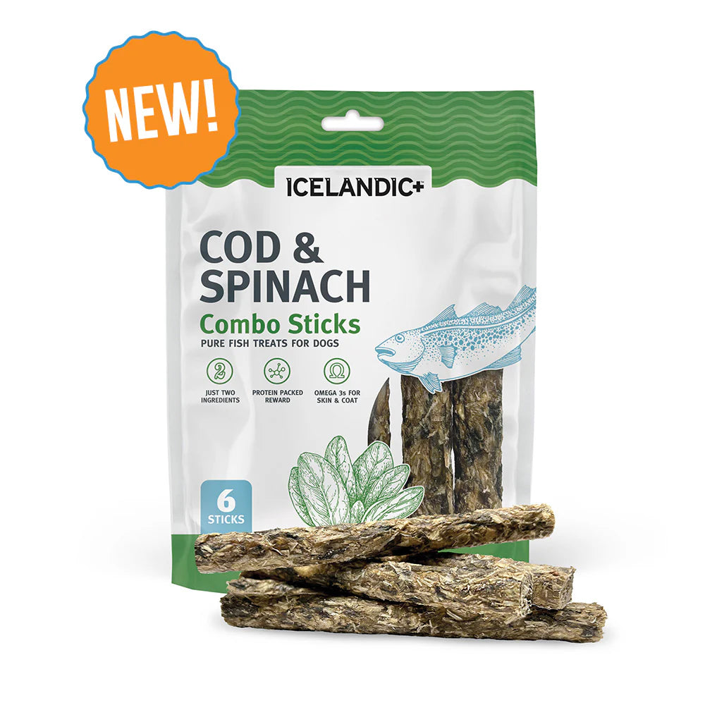 Icelandic+ Cod and Spinach Combo Sticks are sustainably sourced, wild-caught, 100% natural, and free of additives or preservatives. Dogs love the irresistible taste and satisfying crunch of these protein packed treats, making them a perfect reward for dogs with protein sensitivities.