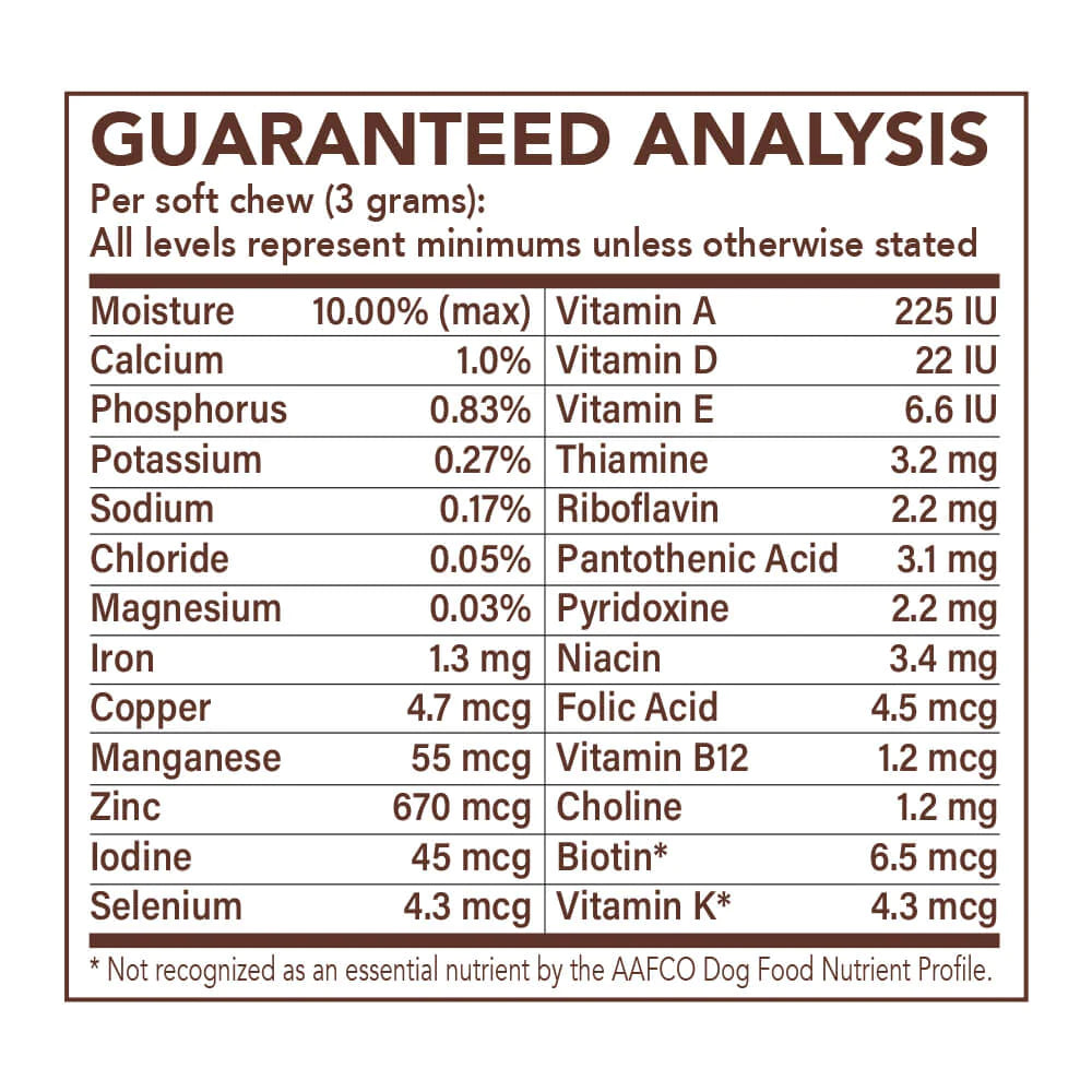Round out your dog's diet with the all-natural, veterinarian approved Multivitamin supplement. Boost the immune system, support brain and heart health, regulate energy, alleviate joint pain and inflammation, improve skin and coat health, and reduce shedding.