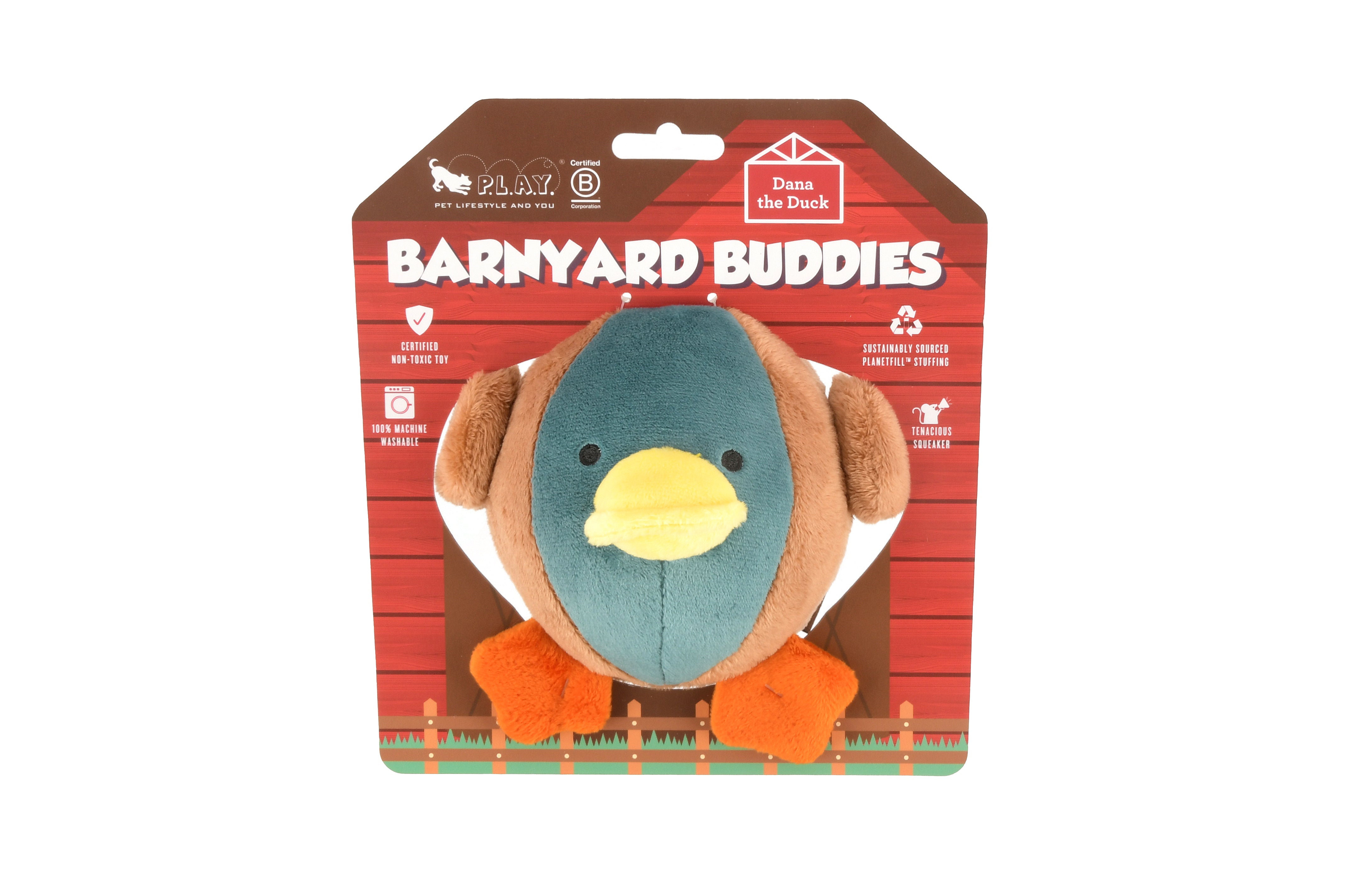 Barnyard Buddies plush duck dog toy in barnyard themed packaging.