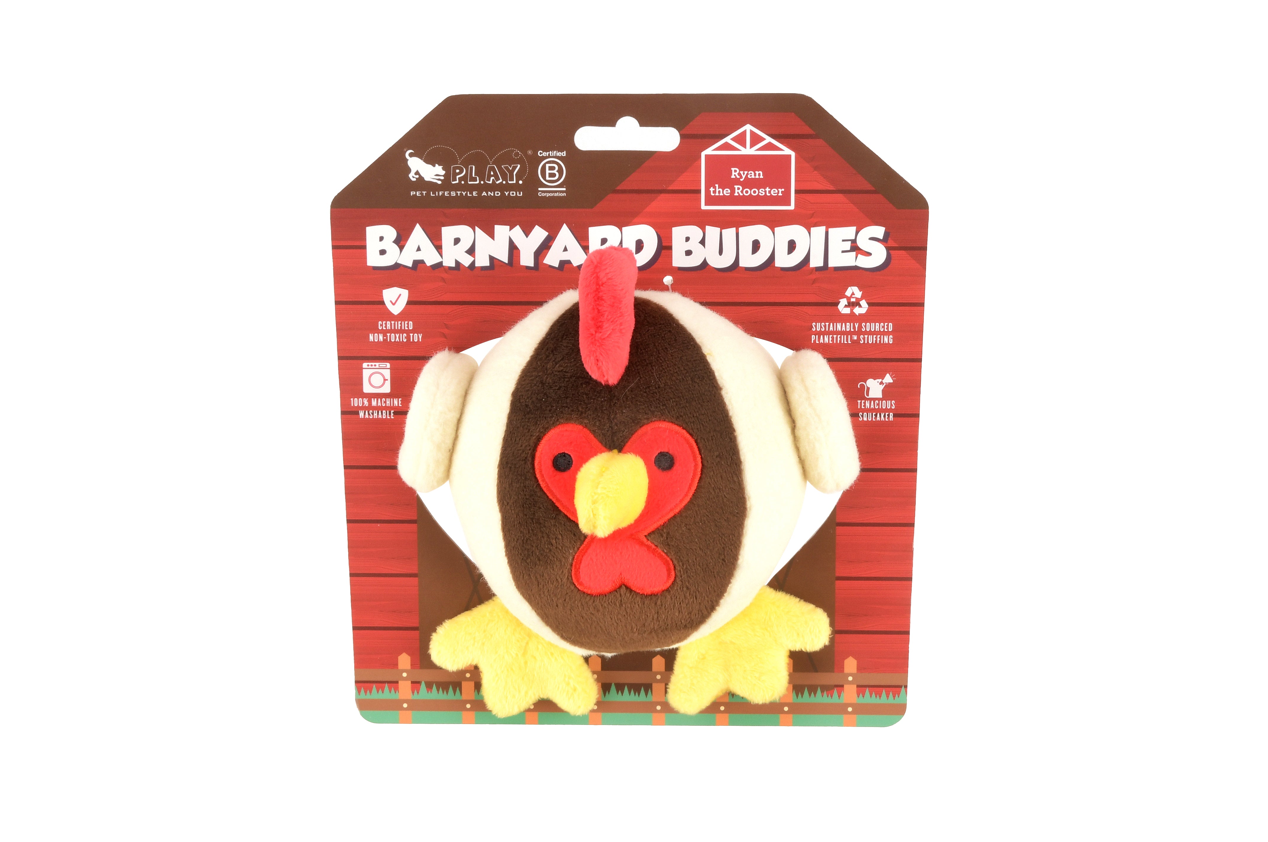 Barnyard Buddies plush rooster dog toy in barnyard themed packaging.