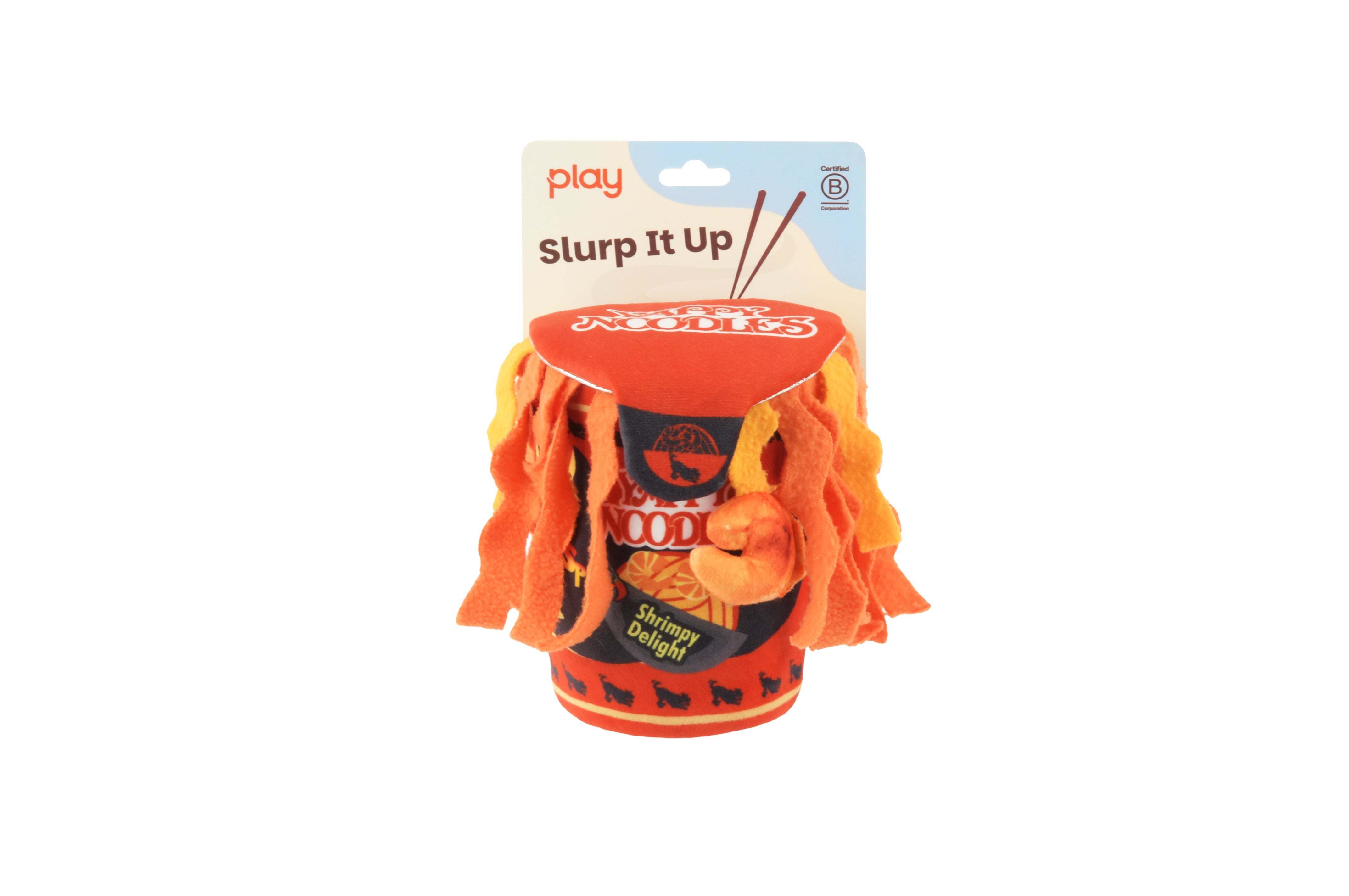 Front view of a ramen noodle plush squeaky dog toy on product hanger.