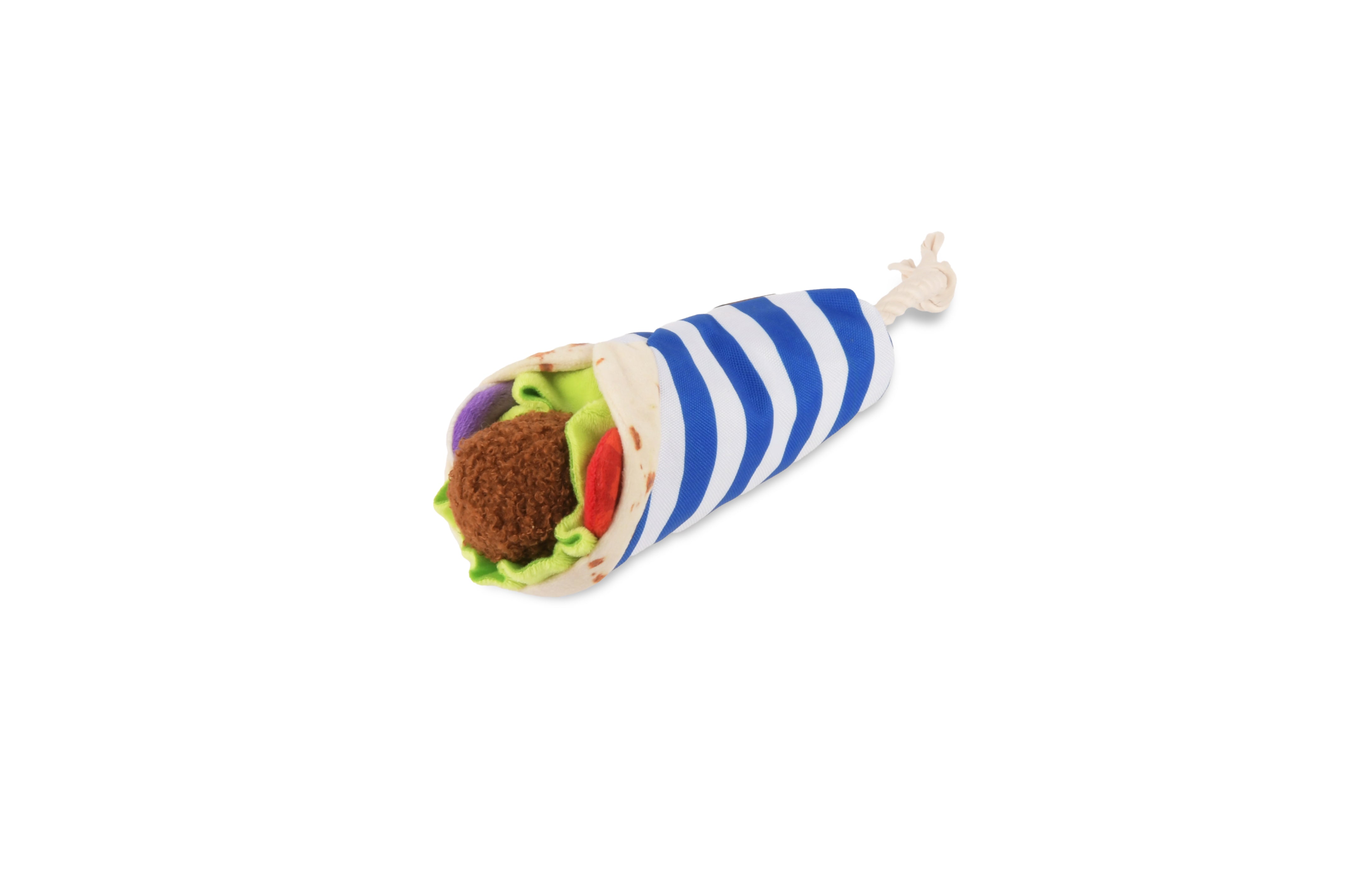 Side view of a falafel wrap plush squeaky dog toy.