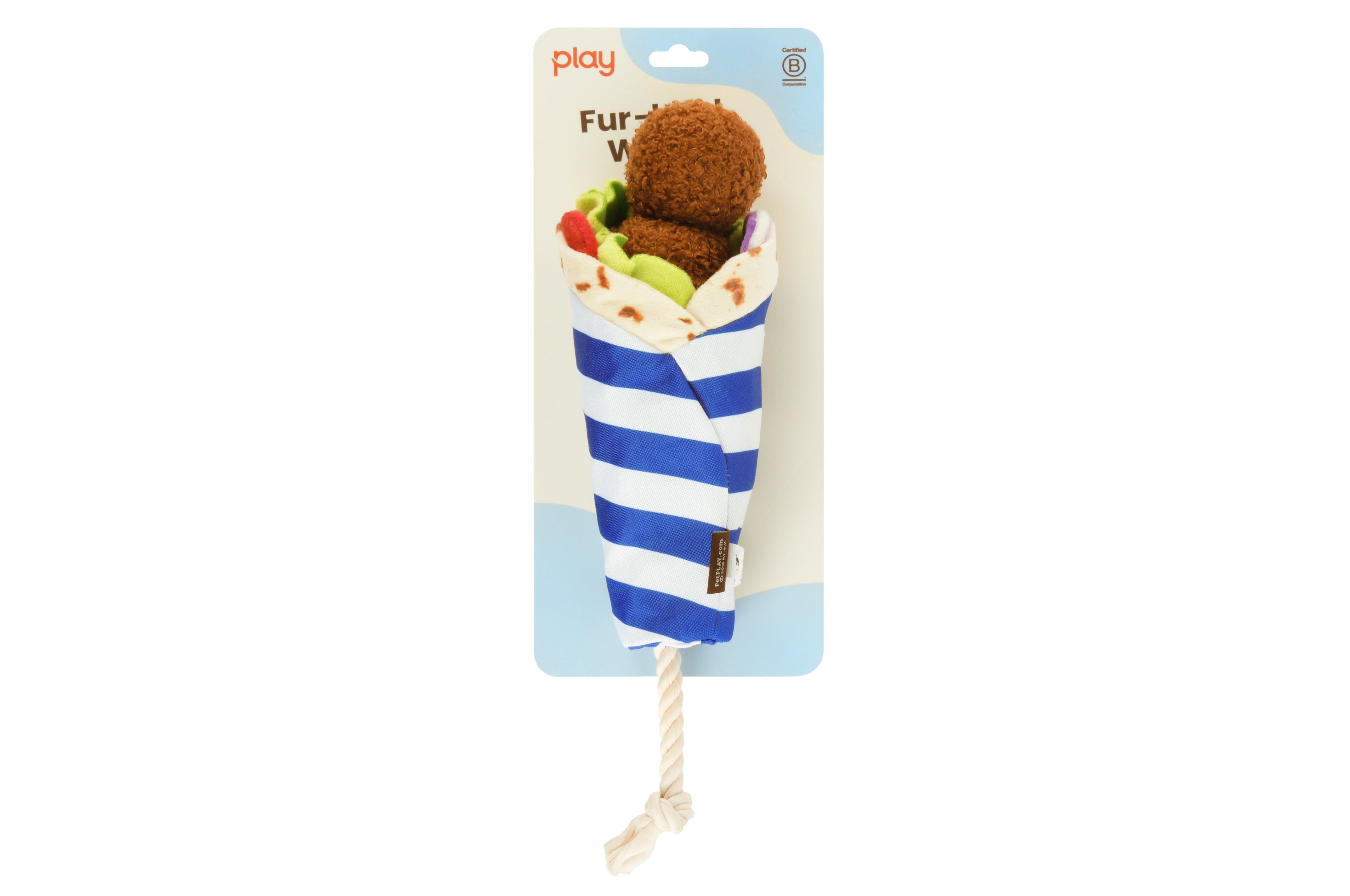 Front view of a falafel wrap plush squeaky dog toy on product hanger.