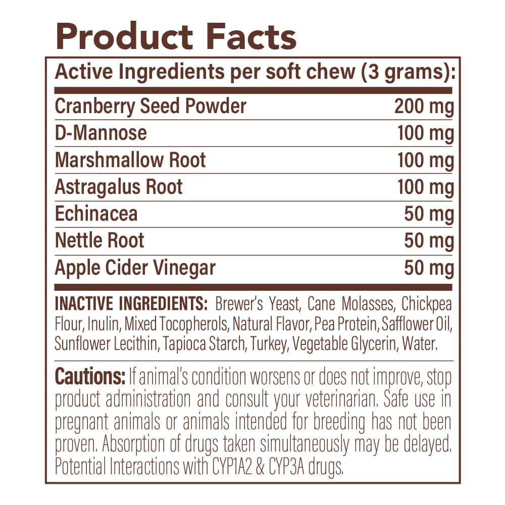 Vet-formulated blend of powerful ingredients that target the bladder and urinary tract and has significant benefits for the immune system and kidney health. Urinary & Bladder supplement is loaded with natural ingredients that work together to promote normal bladder and urinary tract function.