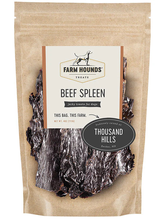 Farm Hounds dehydrated beef spleen treats are made in the USA and sourced from 100% pasture-raised, grass-fed cattle. Treats are free of salt, sugars, fillers, chemicals, and preservatives.