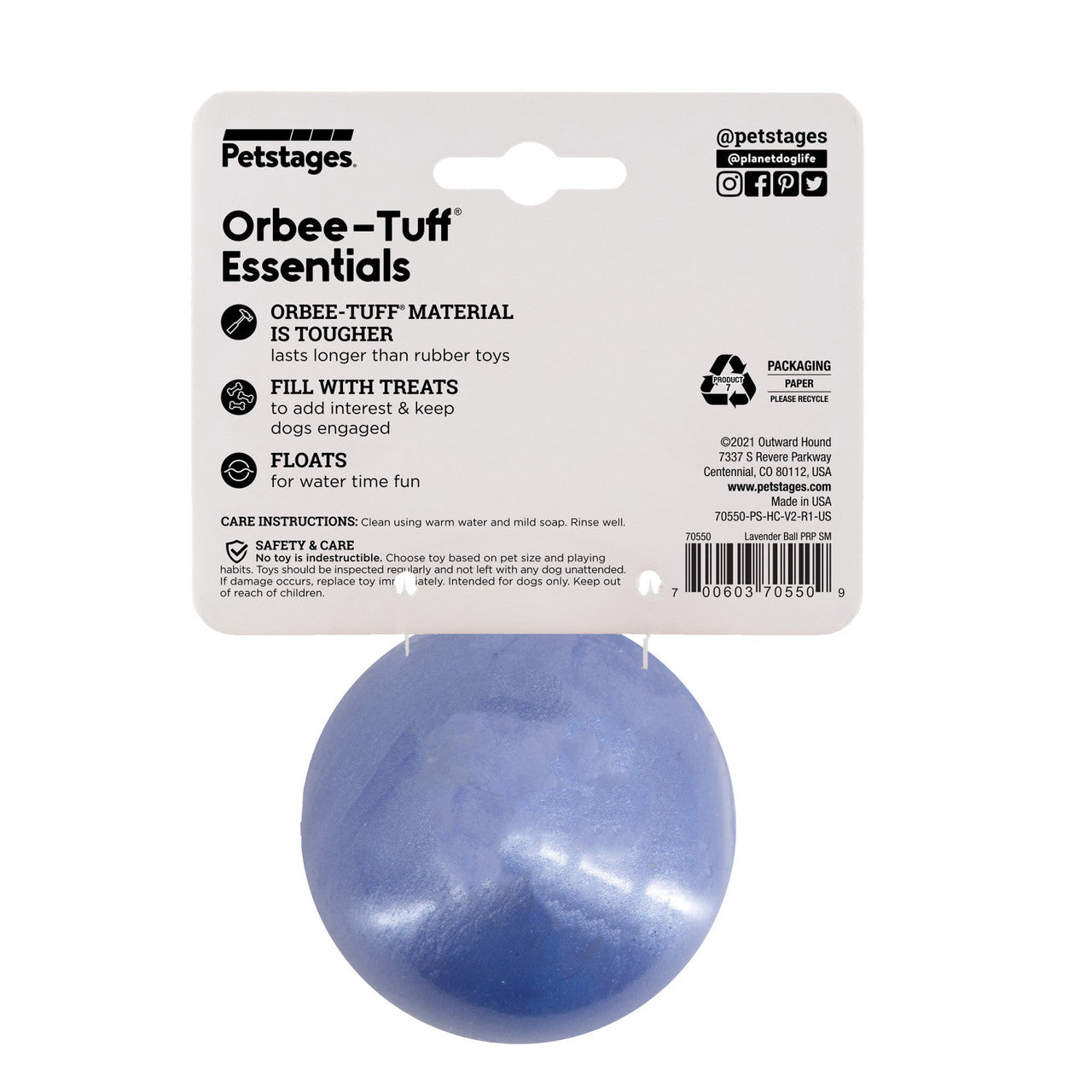 Infused with the calming scents of lavender, rosemary, vanilla, and designed with chewers in mind! These durable balls work well to quench your dog's chewing urges. Made from the award-winning Orbee-Tuff material, which is 100% recyclable and non-toxic. Ball is durable, bouncy, buoyant, and perfect for tossing, fetching, bouncing, and doubles as a treat dispenser.