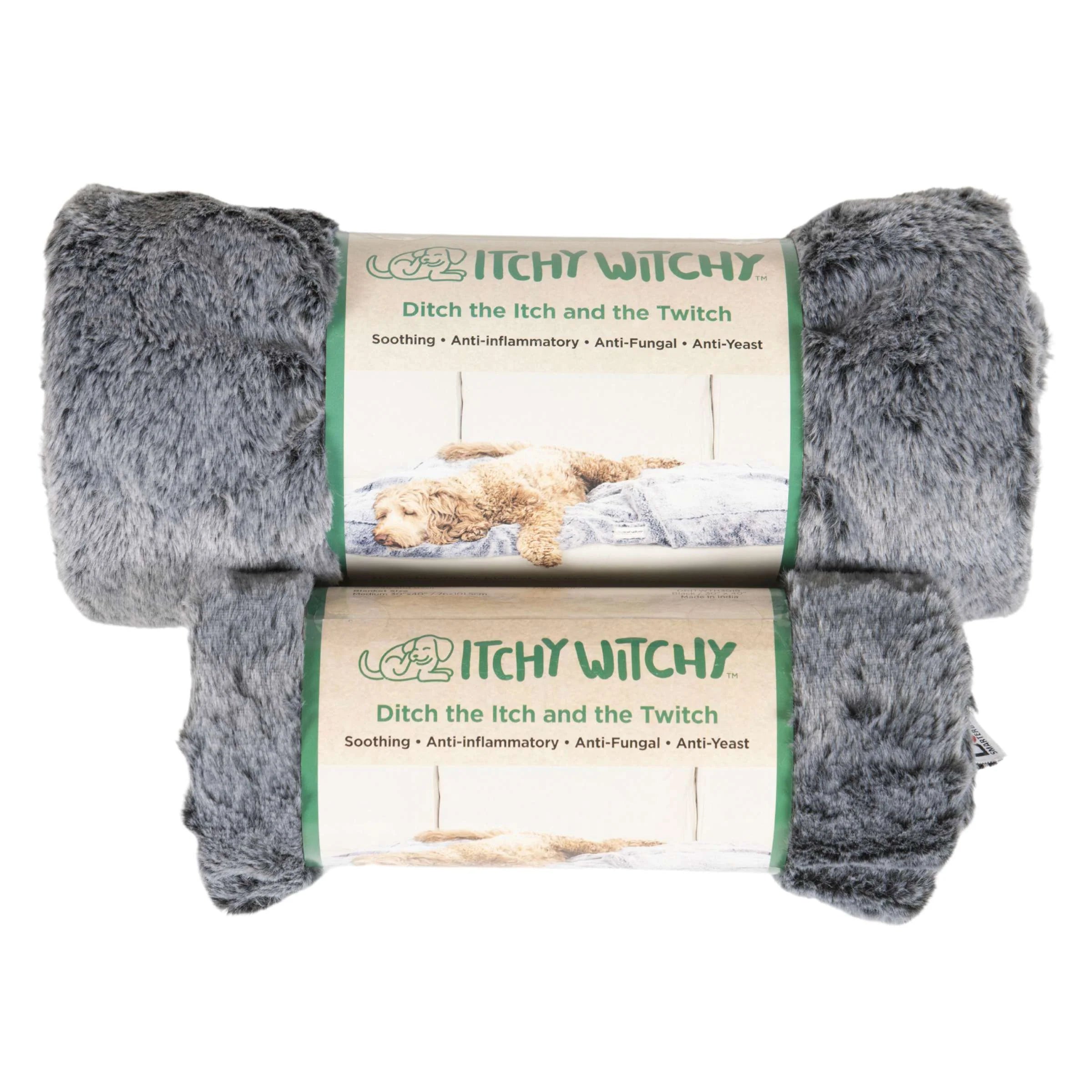 Your dog is about to experience ultimate comfort with a breakthrough blend of old school natural apothecary and a high-tech delivery device in a soft and cozy blanket. The Itchy Witchy blanket features a soft, plush, and silky faux fur texture that is gentle and inviting to dogs. Blanket is a natural, non-toxic, and drug-free way to soothe your dog's itchy skin.