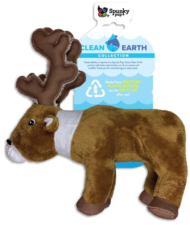 Remove plastic from the environment one toy at a time with the Clean Earth plush toys from Spunky Pup. Toys are made from 100% recycled plastic water bottles; including the fabric, stuffing, binding, and thread. Each toy redirects waste from up to 9 plastic water bottles from ending up in oceans, waterways, and landfills. Toy is durable, floats, and includes a built-in squeaker for added fun!