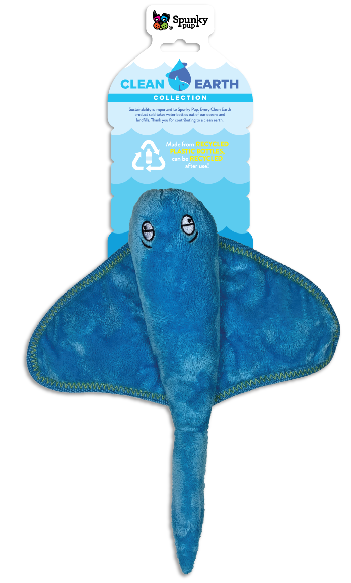 Remove plastic from the environment one toy at a time with the Clean Earth plush toys from Spunky Pup. Toys are made from 100% recycled plastic water bottles; including the fabric, stuffing, binding, and thread. Each toy redirects waste from up to 9 plastic water bottles from ending up in oceans, waterways, and landfills. Toy is durable, floats, crinkles, and includes a built-in squeaker for added fun!