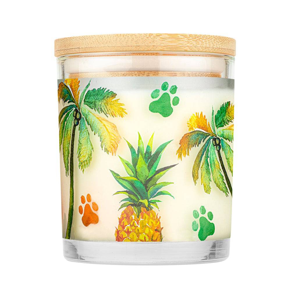 Pet House candles are hand-poured, and made from 100% natural, dye-free soy wax. Comes in a 9 oz. glass jar. Fragrance profile is a sweet scent of pineapple, coconut milk, refreshing yuzu, chilled rum, and creamy vanilla.