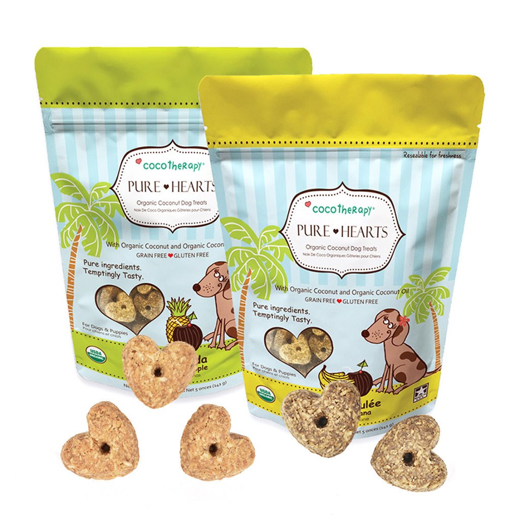 CocoTherapy Pure Hearts Coconut Cookies do not contain dairy, eggs, or grains, which make them perfect for dogs on a limited ingredient diet or those with allergies or sensitive tummies. The fat content in Pure Hearts Coconut Cookies comes from organic coconut oil.