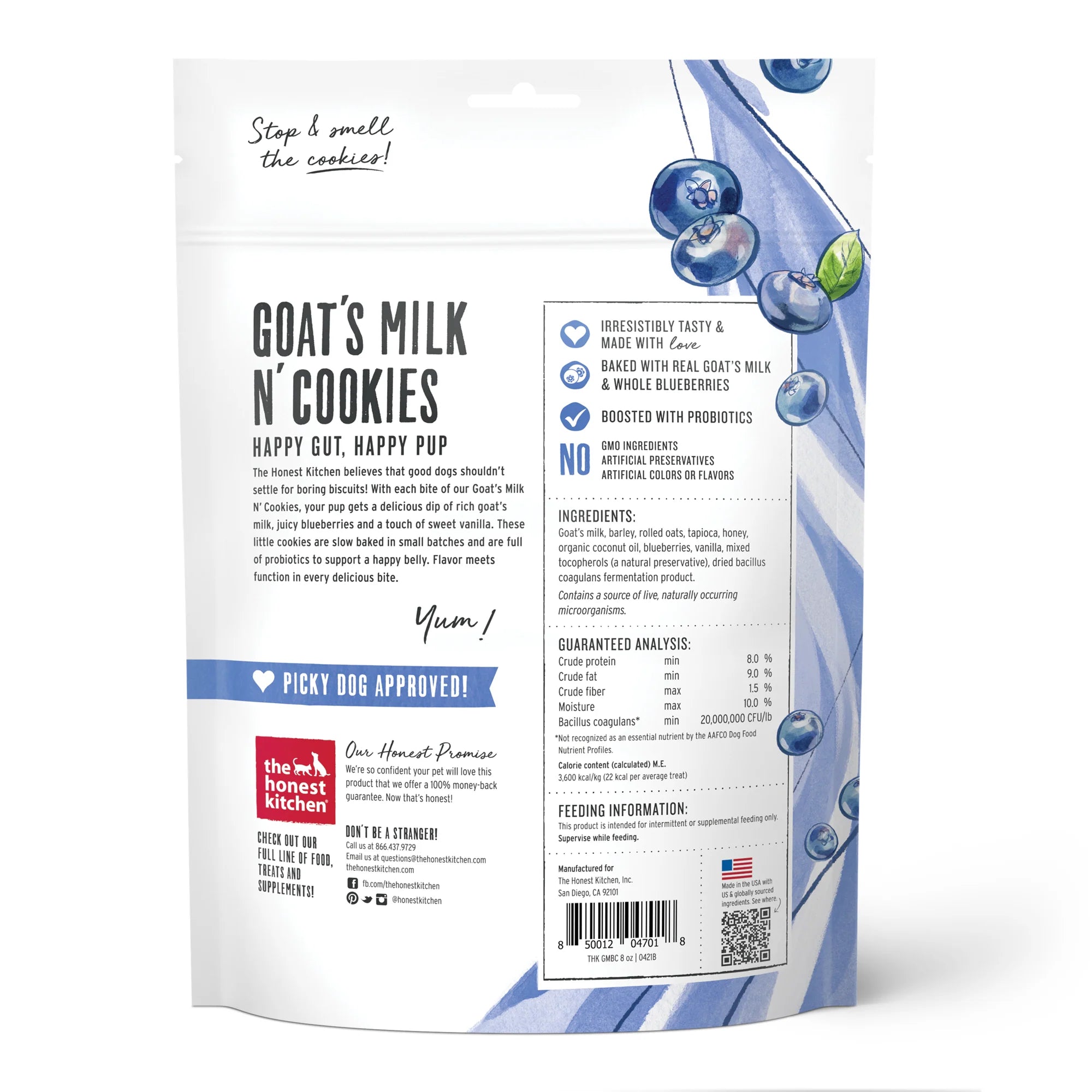 Good dogs shouldn't settle for boring biscuits! Each little cookie is slow baked in small batches and full of probiotics to support a happy belly. Flavor meets function in every bite. Treats are made in the USA with US and globally sourced ingredients.