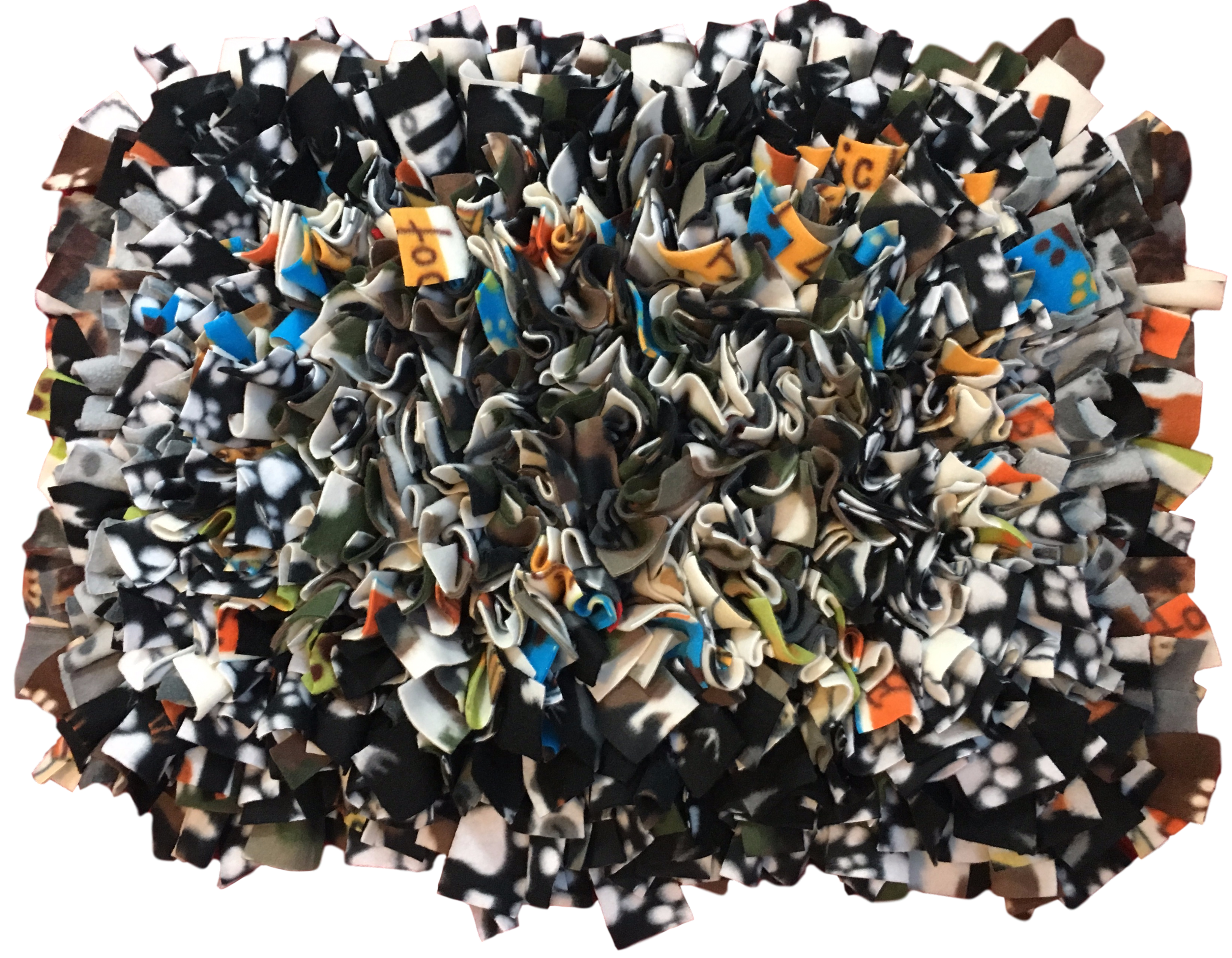 Our handmade multi-colored and multi-patterned snuffle mats are quadruple knotted to keep treats and dry food from falling through to the bottom of the mat. We use a heavy-duty rubber anti-fatigue mat for the base that is heavy, and will not slide around the floor like mats made from cheap plastic sink mats.