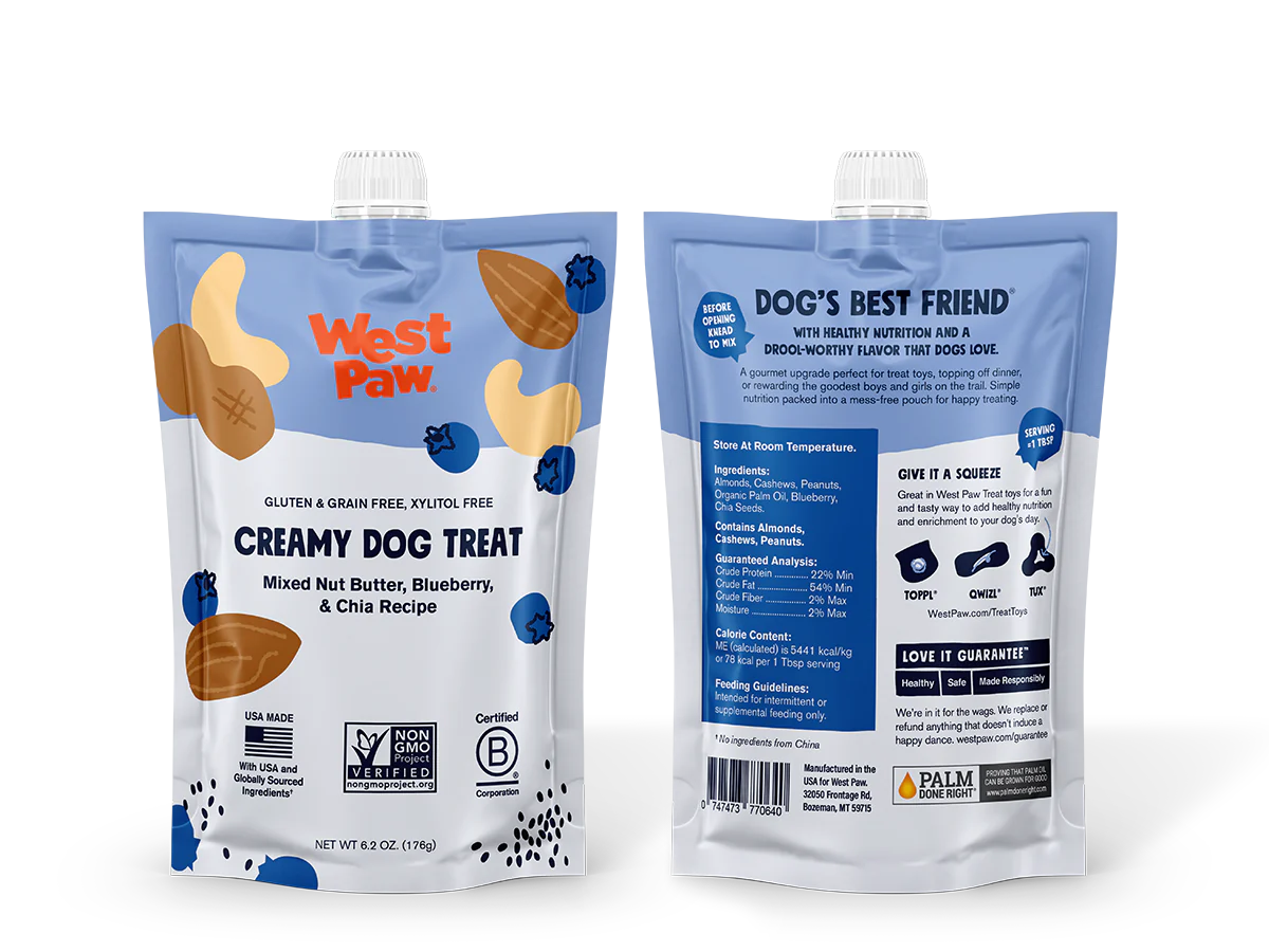 A healthy gourmet upgrade perfect for sneaking into treat toys, dressing up dinner, or rewarding the goodest boys and girls on the trail. Simple nutrition packed into a mess-free pouch for happy treating.