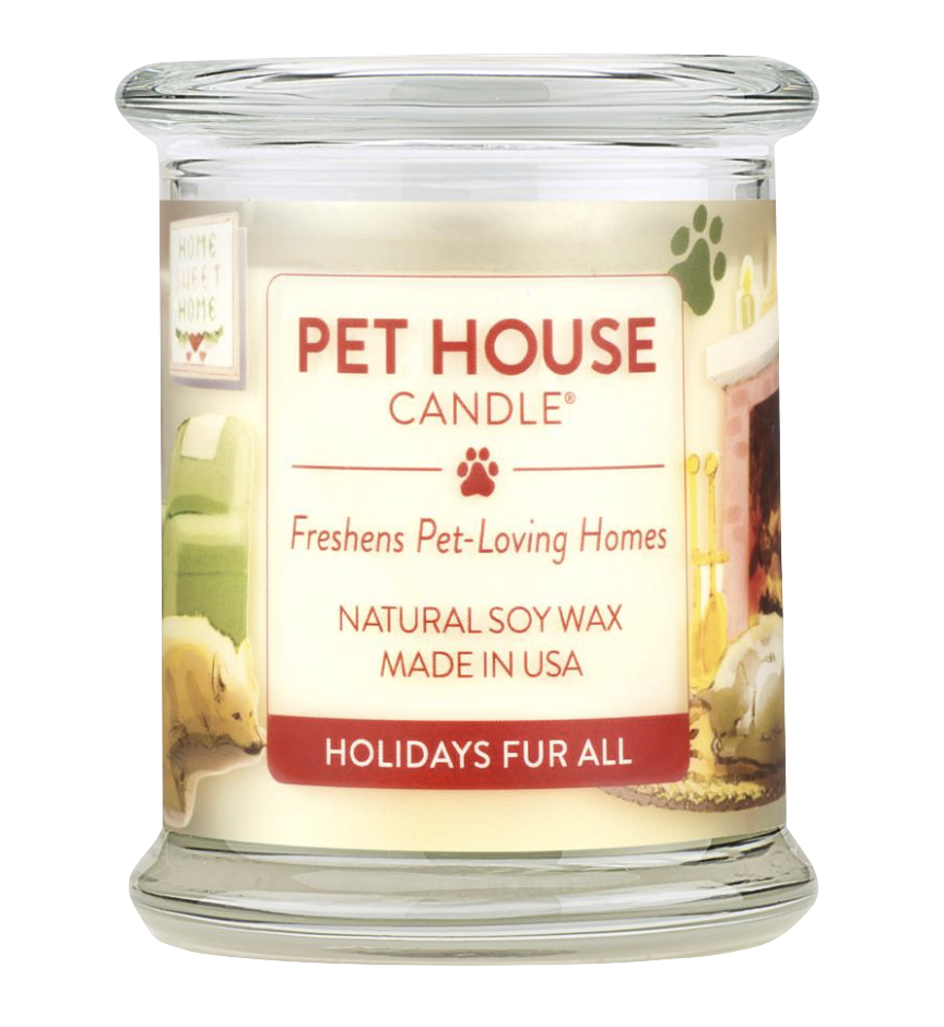 Pet House candles are hand-poured, and made from 100% natural, dye-free soy wax. Comes in an 8.5 oz. glass jar. Fragrance profile is a traditional holiday scent, including fir needles, cinnamon, cloves, and nutmeg.