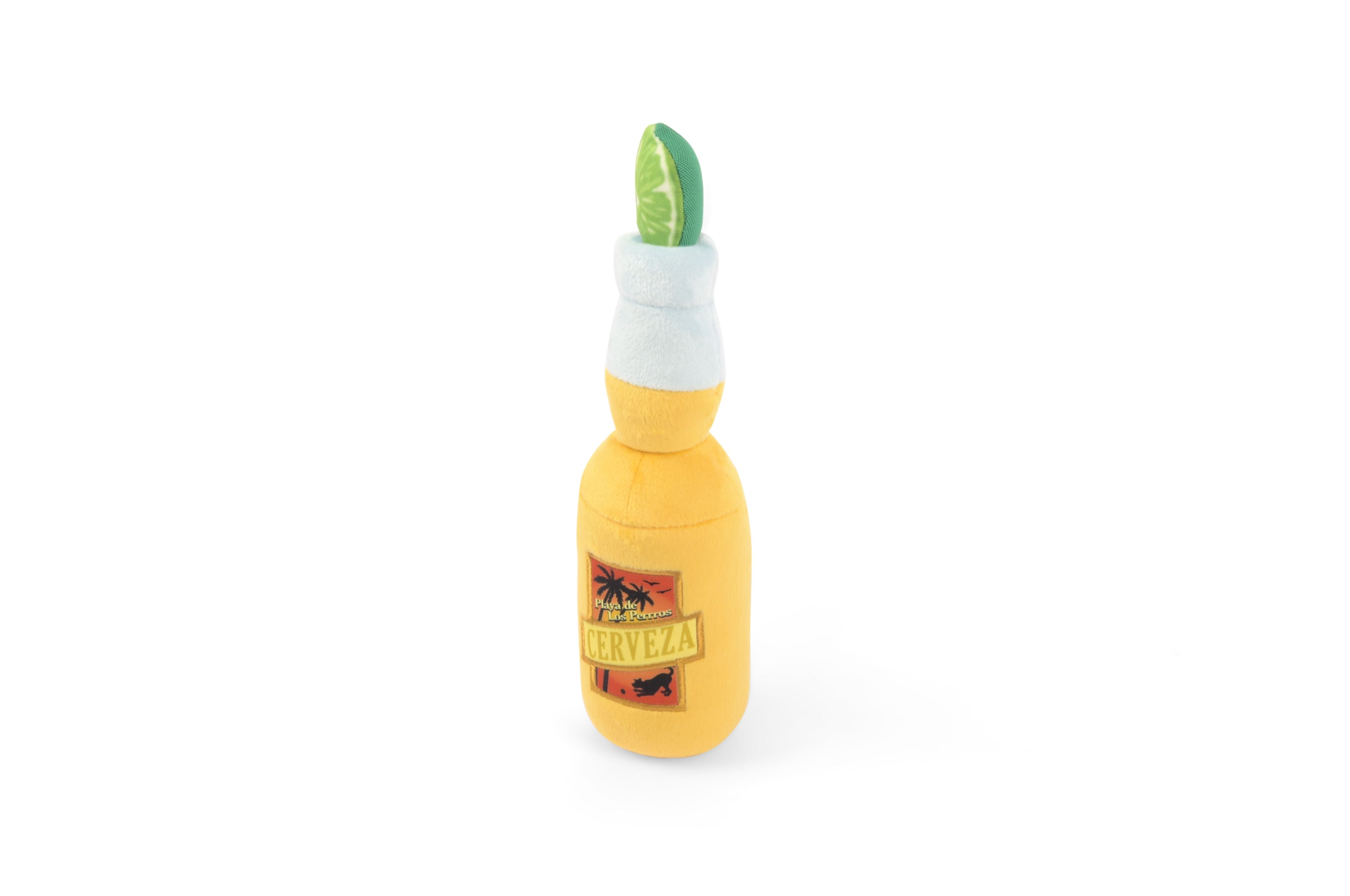 Side view of a beer bottle with lime plush squeaky dog toy.