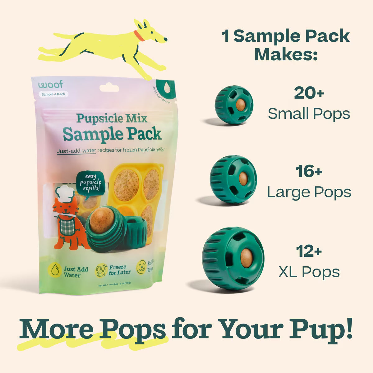 Package of the sample pack Pupsicle treat mix and how many refill pops can be made for each size Pupsicle treat toy.