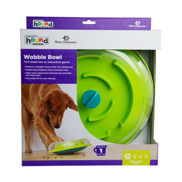 The Wobble Bowl helps reduce destructive behavior and fights boredom by keeping your dog busy exercising their mind. Use it as a puzzle game for fun physical and mental stimulation or as a slow feeder at mealtime. The Wobble Bowl is a level 1 puzzle; perfect for dogs that have never used a treat toy before.