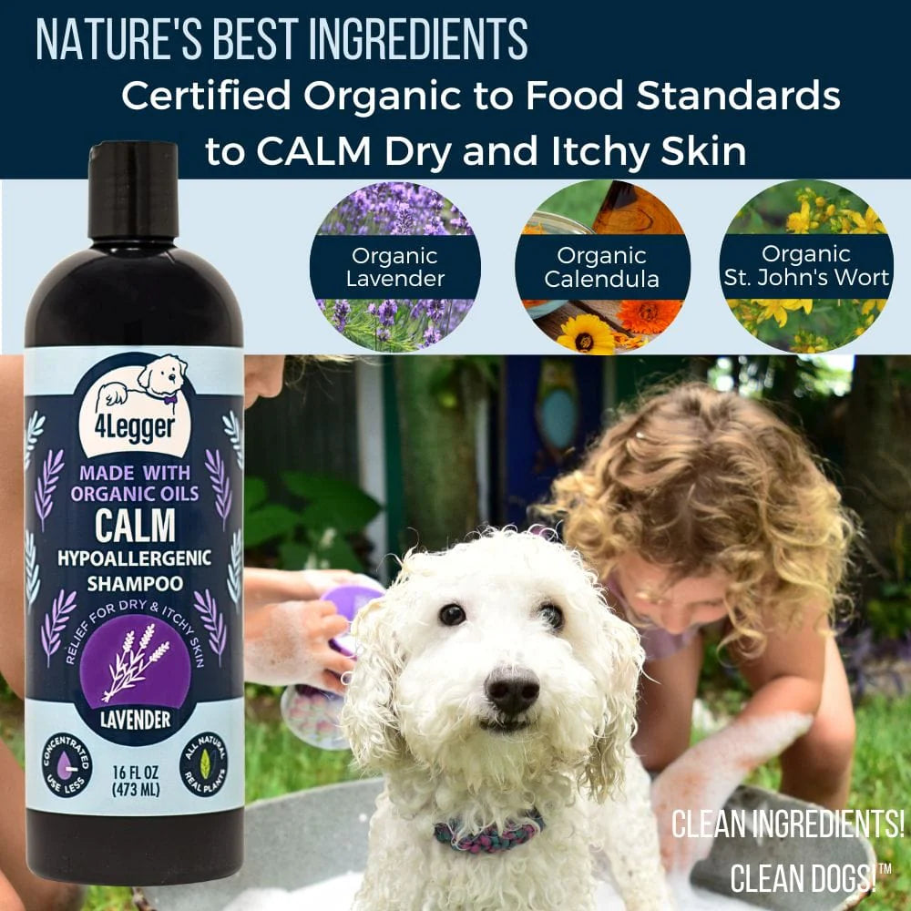 Provide relief of painful inflamed skin and encourage healing with this hypoallergenic and USDA Organic dog shampoo from 4-Legger.