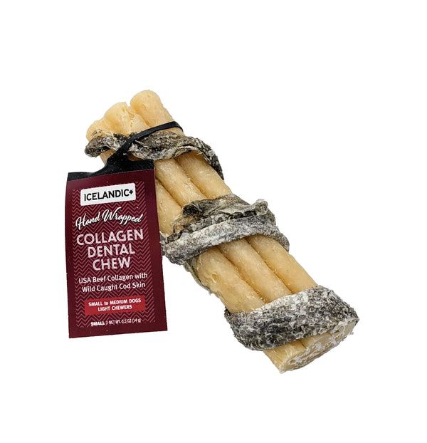 Icelandic+ Beef Collagen Dental Chew with Cod Skin is a 100% digestible, long-lasting chew that will satisfy and entertain the pickiest dogs. Each chew is made from all-natural USA raised beef and hand-wrapped with a tasty wild-caught Atlantic cod skin.
