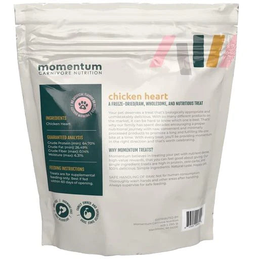 Momentum Carnivore Nutrition Chicken Heart treats are made from premium quality chicken sourced in the USA and Canada and are free of artificial flavors, preservatives, additives, hormones, or antibiotics.