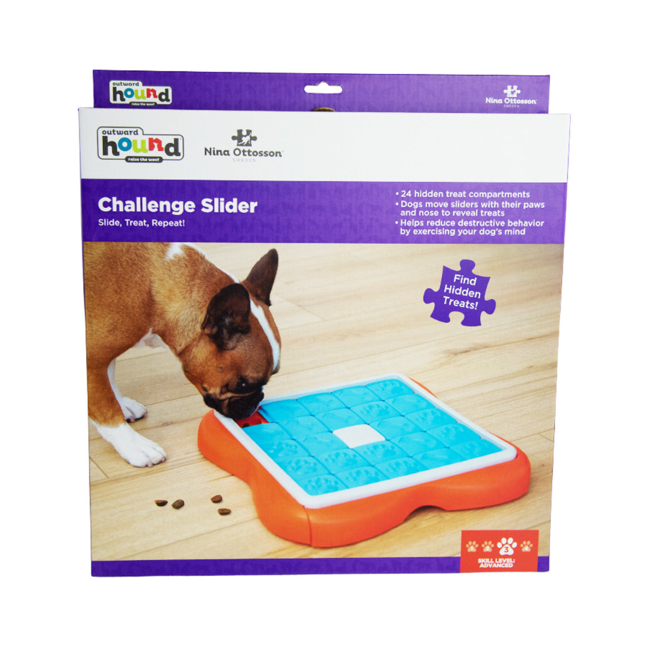 The Challenge Slider dog puzzle helps reduce destructive behavior and fights boredom by keeping your dog busy exercising their mind. Ideal for dogs who have mastered levels 1-2 of the Nina Ottosson puzzle line. Puzzle features a sliding tray with 24-compartments that pulls out from underneath and holds 1 cup of dry food.