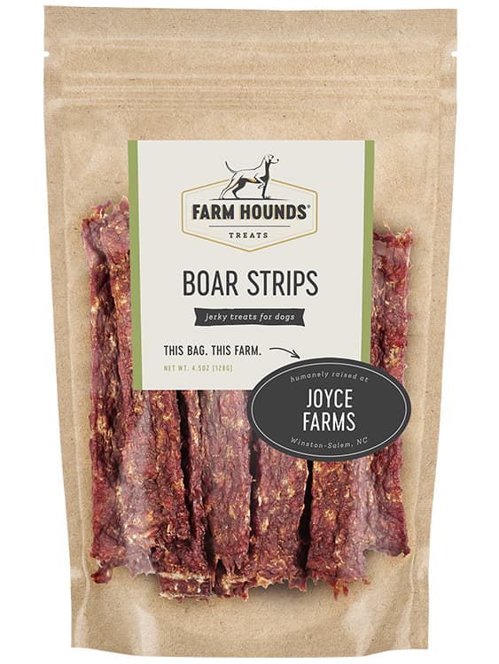 Package of Farm Hounds Boar Strips jerky treats for dogs.