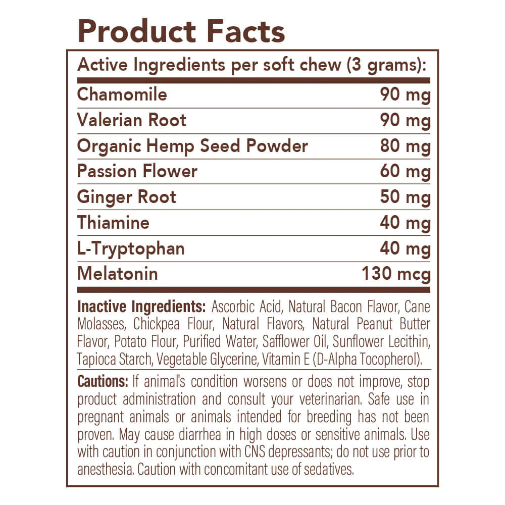 Take the edge off your anxious, hyper, or fearful dog with this powerful formula of relaxing natural ingredients. Use daily to calm general anxiety, hyperactivity, or just before stressful situations like vet visits, storms, fireworks, or anything else that makes your pup antsy.