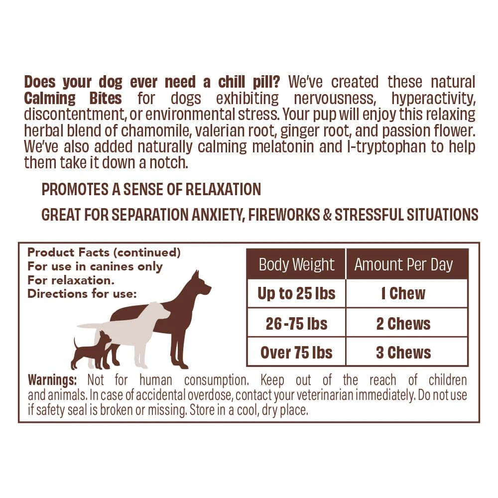 Take the edge off your anxious, hyper, or fearful dog with this powerful formula of relaxing natural ingredients. Use daily to calm general anxiety, hyperactivity, or just before stressful situations like vet visits, storms, fireworks, or anything else that makes your pup antsy.