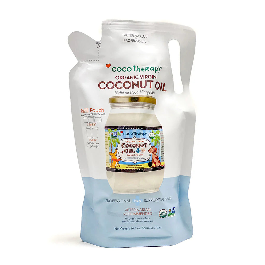 CocoTherapy Organic VCO (virgin coconut oil) is 100% pure and natural. It is the only veterinarian recommended therapeutic-grade organic VCO for pets on the market, and contains the highest levels of MCFAs (Lauric Acid) for optimum healing benefits. Good for dogs, cats, birds, other furry creatures, and people too!