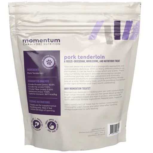 Momentum Carnivore Nutrition Pork Tenderloin treats are made from humanely raised pork sourced in the USA and Canada and are free of artificial flavors, preservatives, additives, hormones, or antibiotics.
