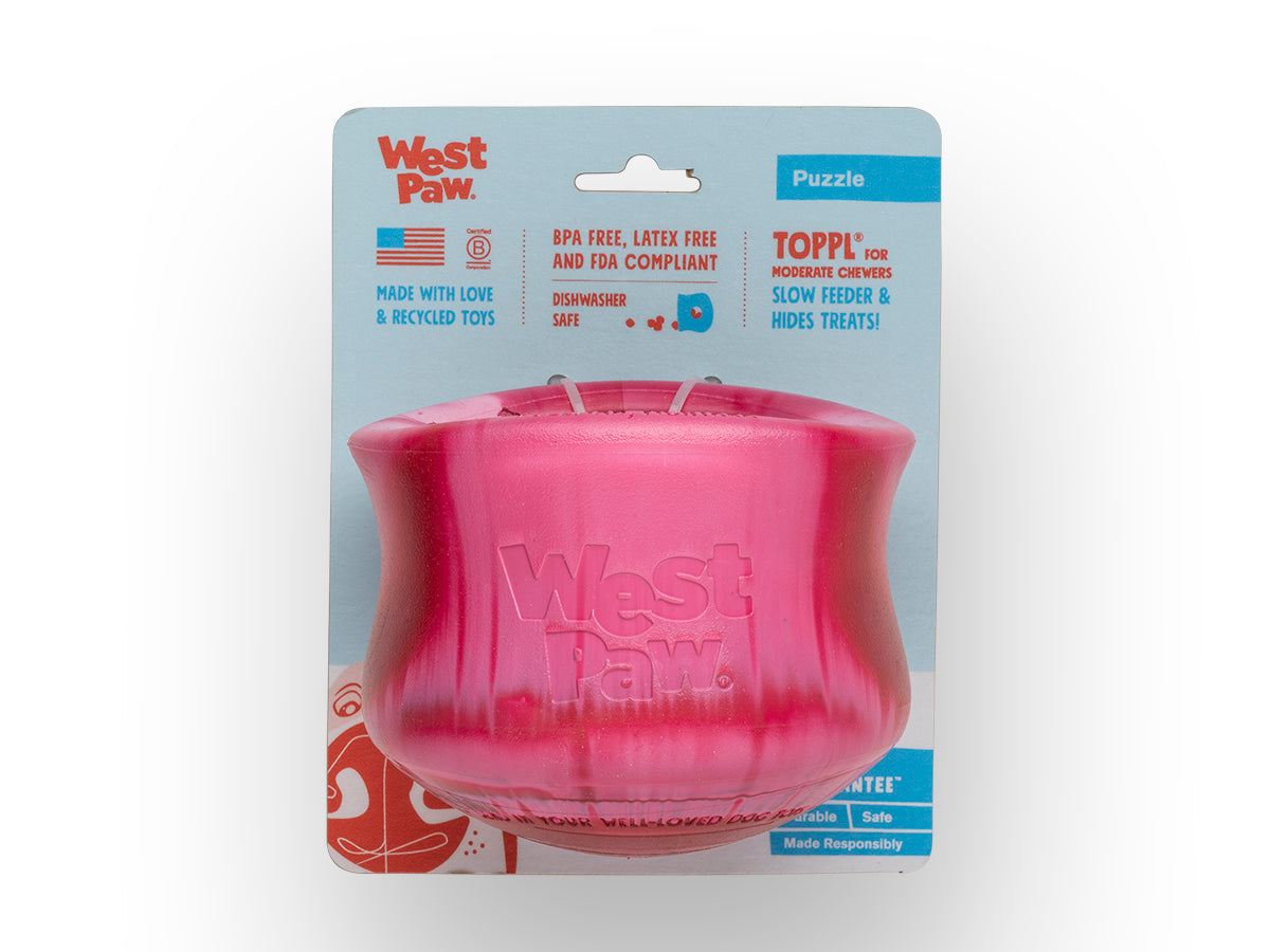 Toppl is an award-winning puzzle toy that can be stuffed full of your dog's favorite snacks. This interactive treat toy is topsy, turvy, and wobbly fun that keeps an active dog busy and brings out the playful side of an older dog.