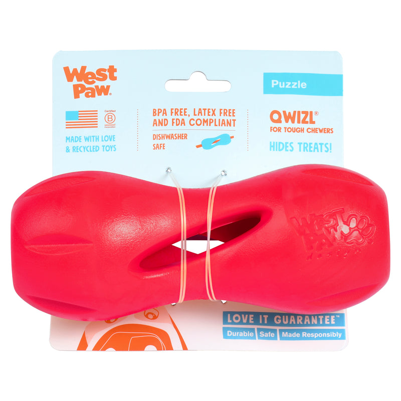 Qwizl is an award-winning toy designed to extend the life of expensive dog treats while keeping your dog busy. The side openings release scent while the continuous interior opening and flexible ridges allow treats to extend out while staying in place. The curved shape makes Qwizl easy for dogs to hold with their paws.