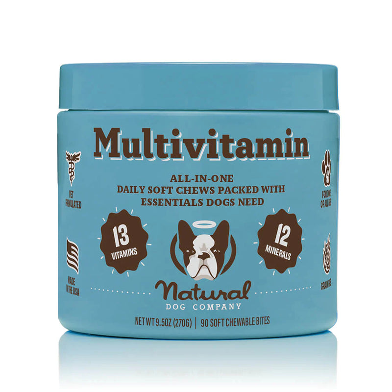 Round out your dog's diet with the all-natural, veterinarian approved Multivitamin supplement. Boost the immune system, support brain and heart health, regulate energy, alleviate joint pain and inflammation, improve skin and coat health, and reduce shedding.