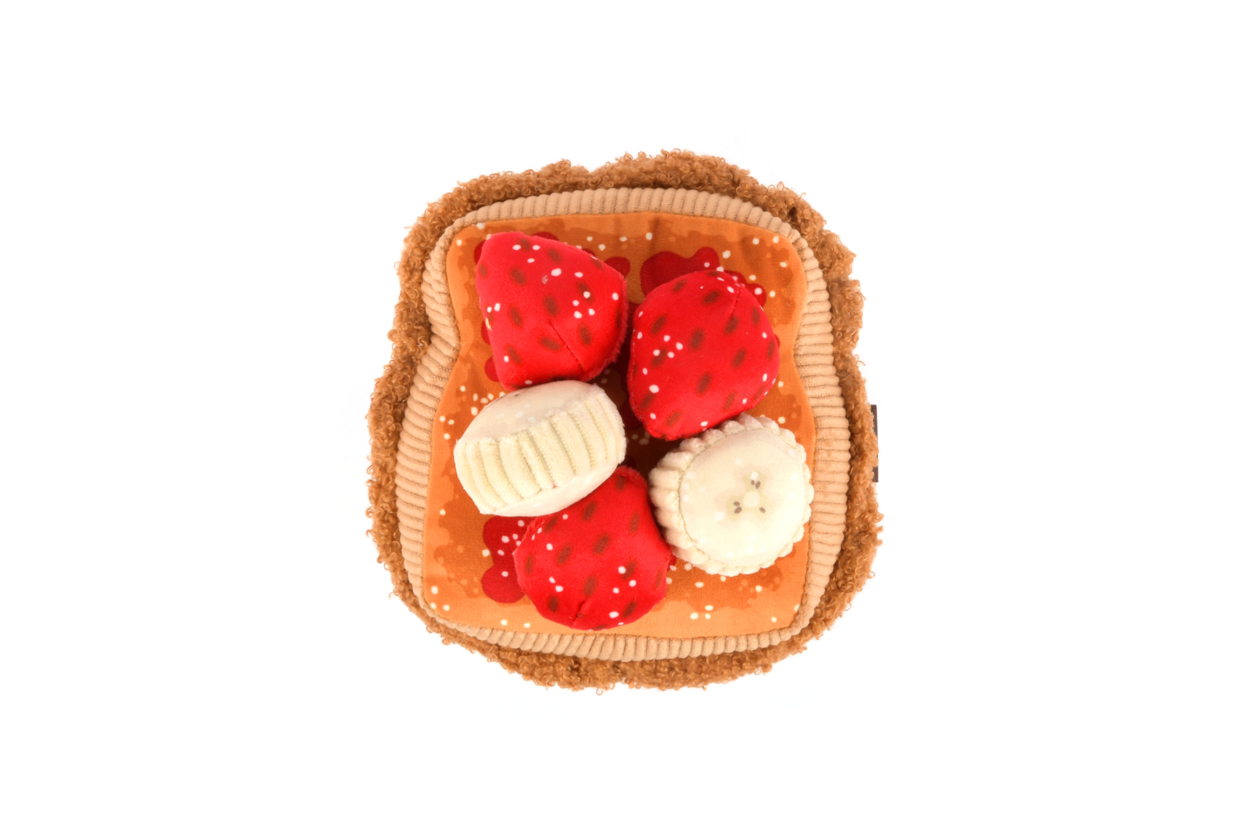 P.L.A.Y. plush dog toys are certified non-toxic, made with durable double-layered fabrics that feature reinforced stitching for extra durability, and are filled with PlanetFill® filler made from 100% post-consumer certified-safe recycled plastic bottles.