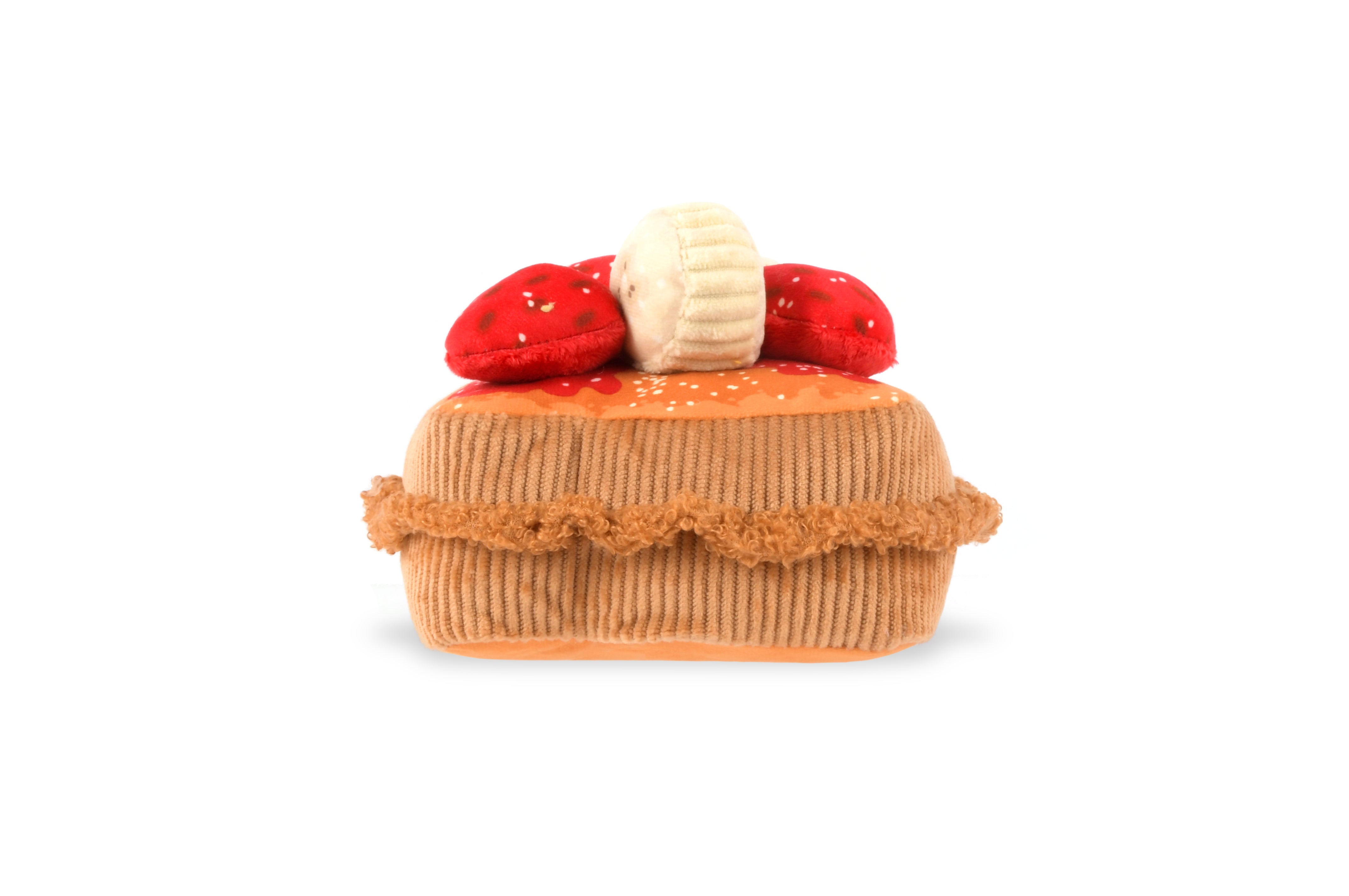 P.L.A.Y. plush dog toys are certified non-toxic, made with durable double-layered fabrics that feature reinforced stitching for extra durability, and are filled with PlanetFill® filler made from 100% post-consumer certified-safe recycled plastic bottles.