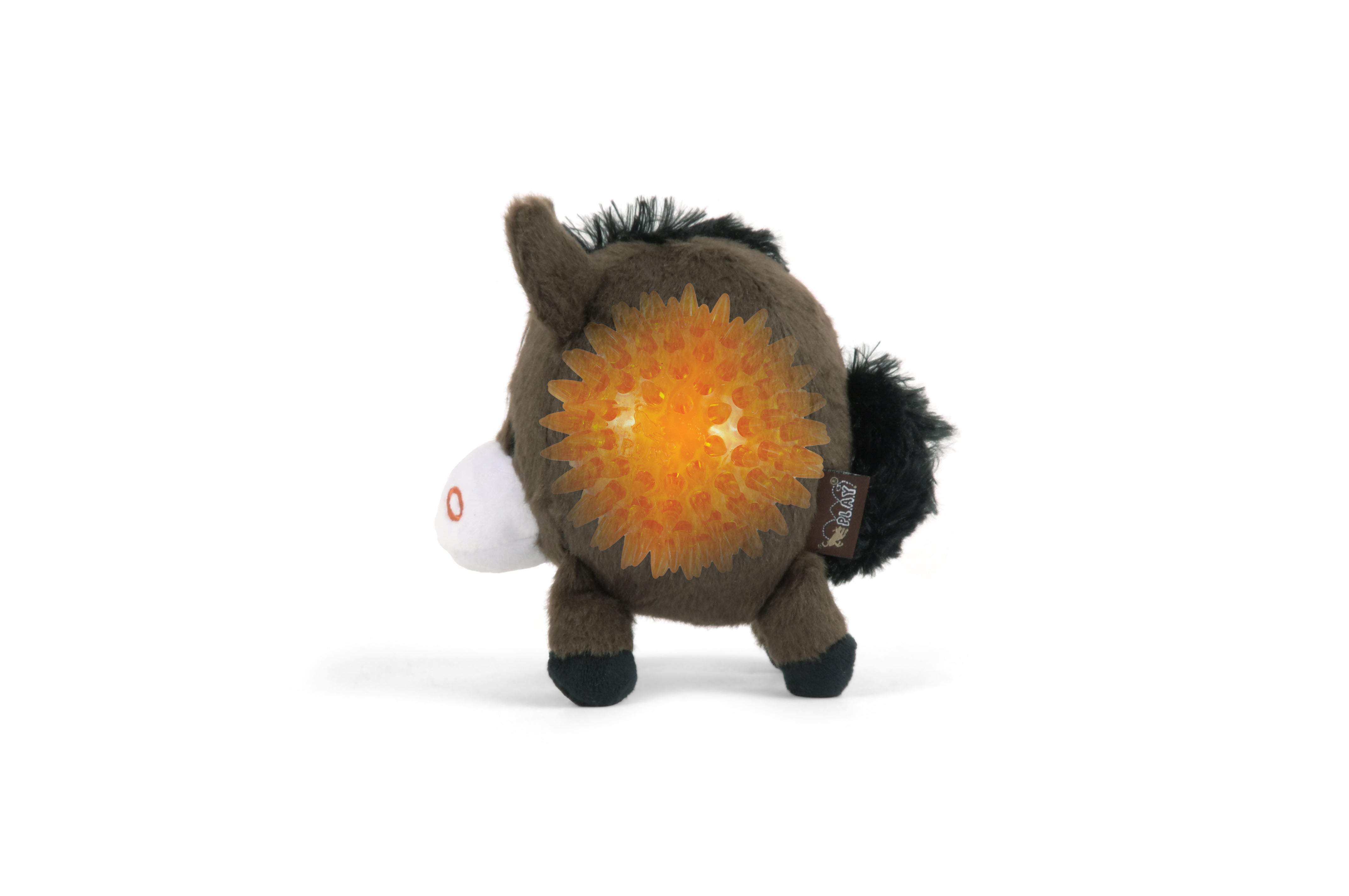 Barnyard Buddies plush horse dog toy showing spiky squeak ball hidden inside.