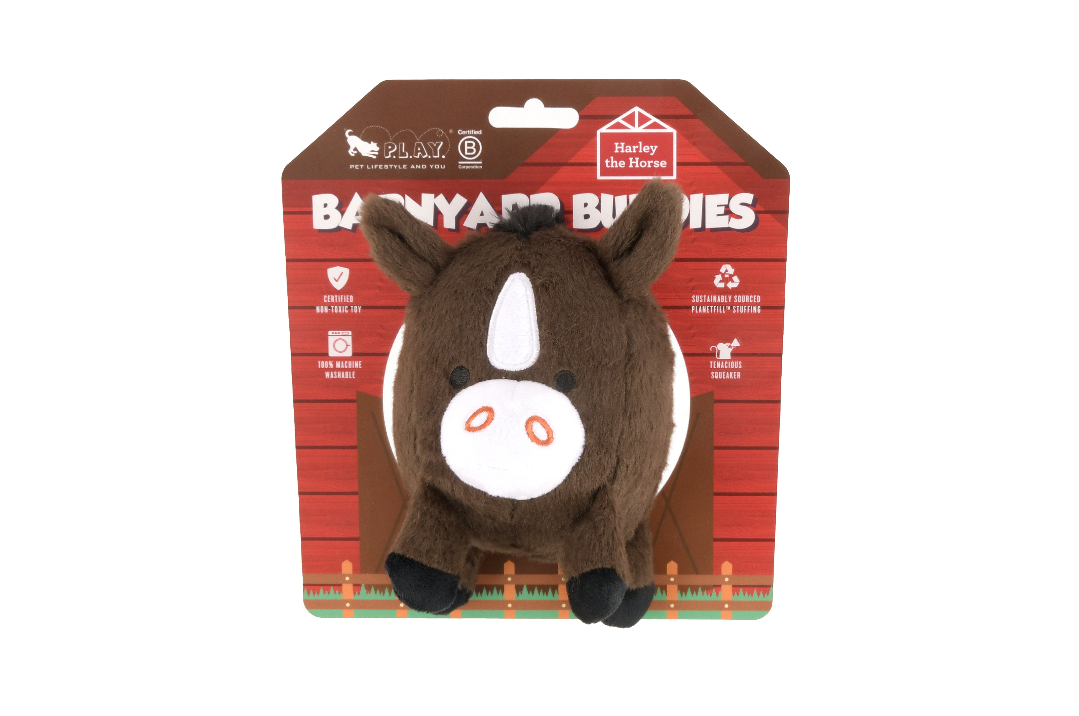 Barnyard Buddies plush horse dog toy in barnyard themed packaging. 