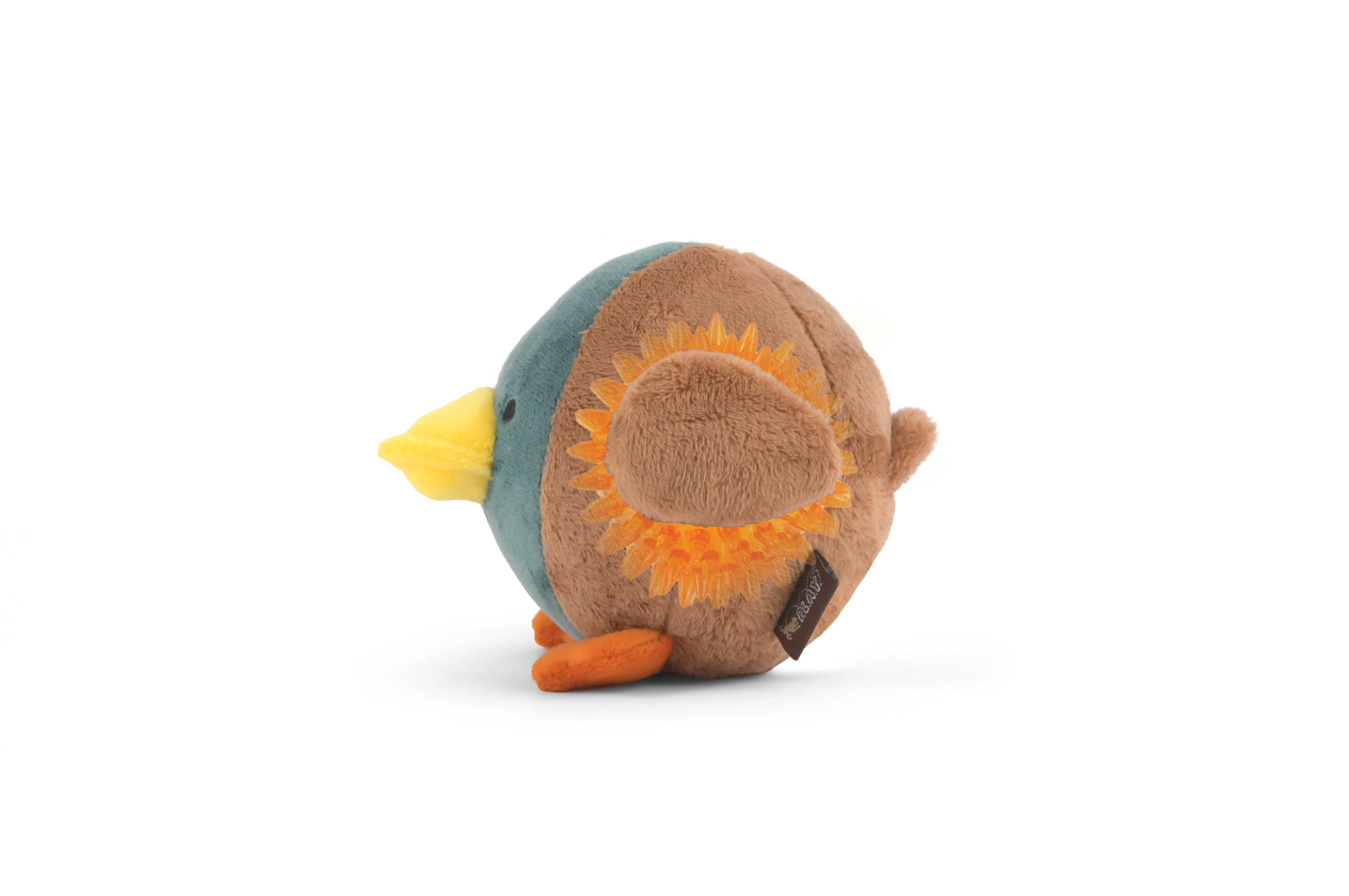 Barnyard Buddies plush duck dog toy showing spiky squeak ball hidden inside.