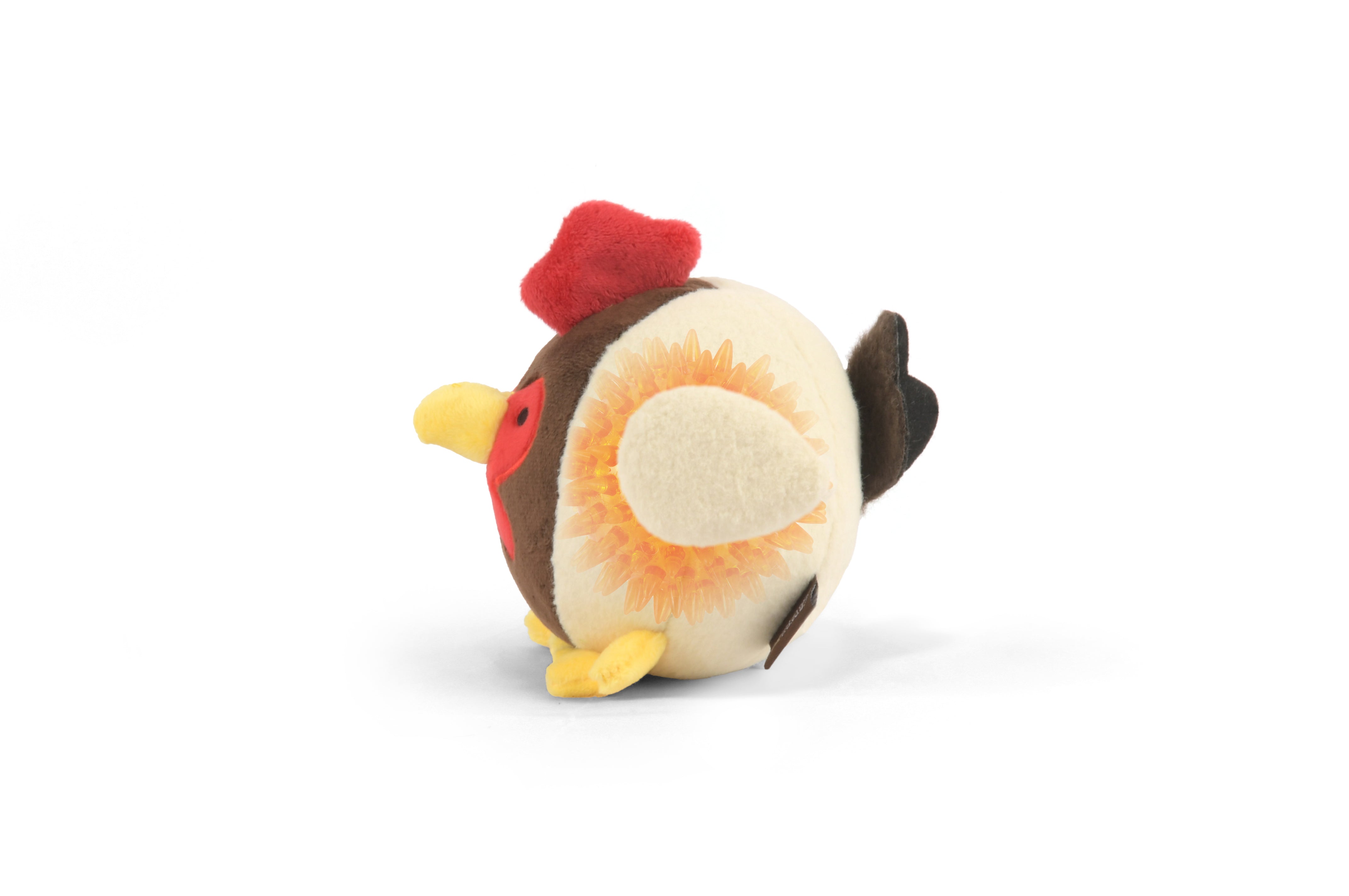 Barnyard Buddies plush rooster dog toy showing spiky squeak ball hidden inside.