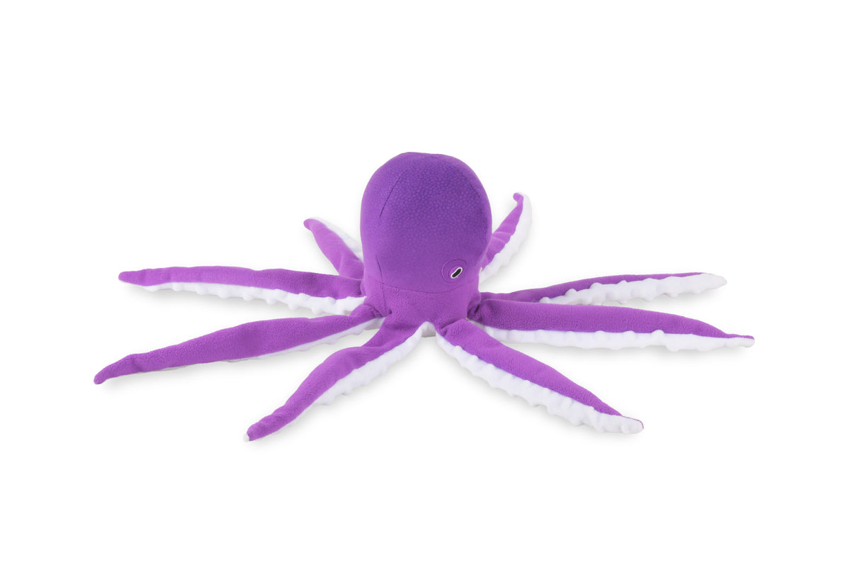 Front expanded view of a purple octopus plush squeaky dog toy.