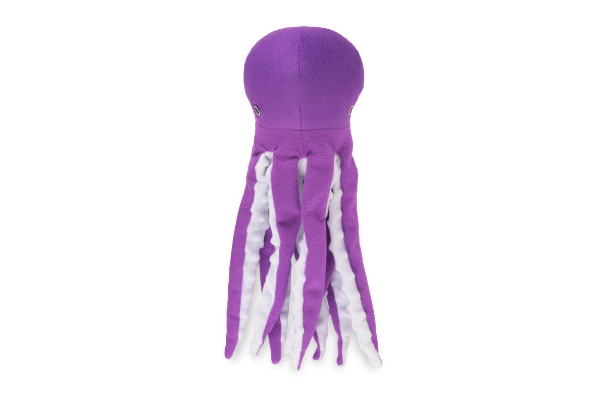 Front elongated view of a purple octopus plush squeaky dog toy.