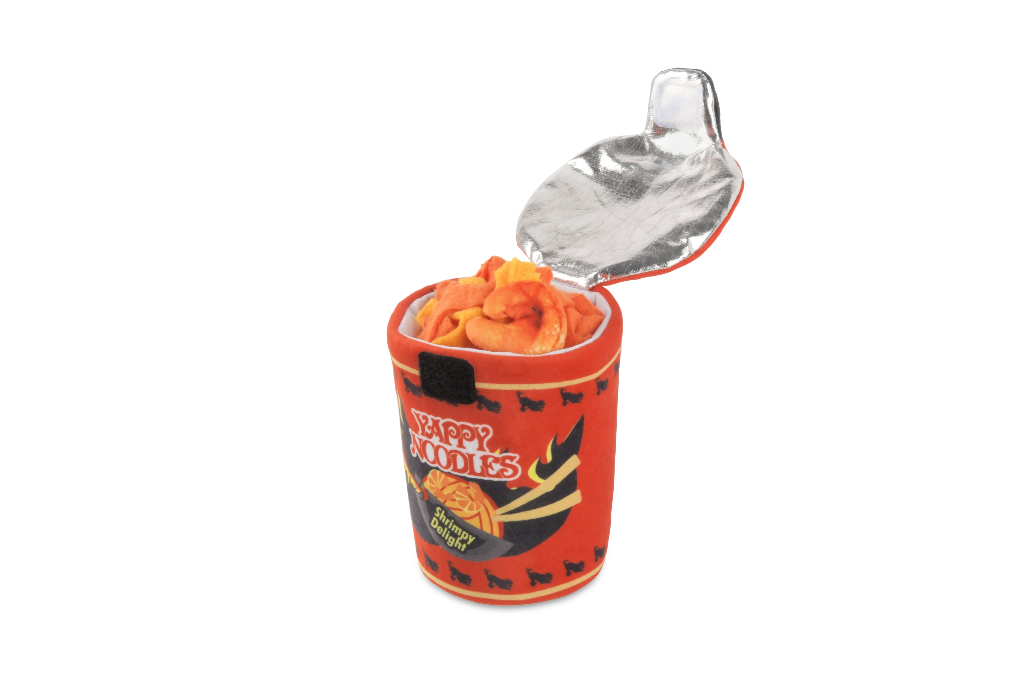 Side view of a ramen noodle plush squeaky dog toy showing the felt noddles inside the cup.