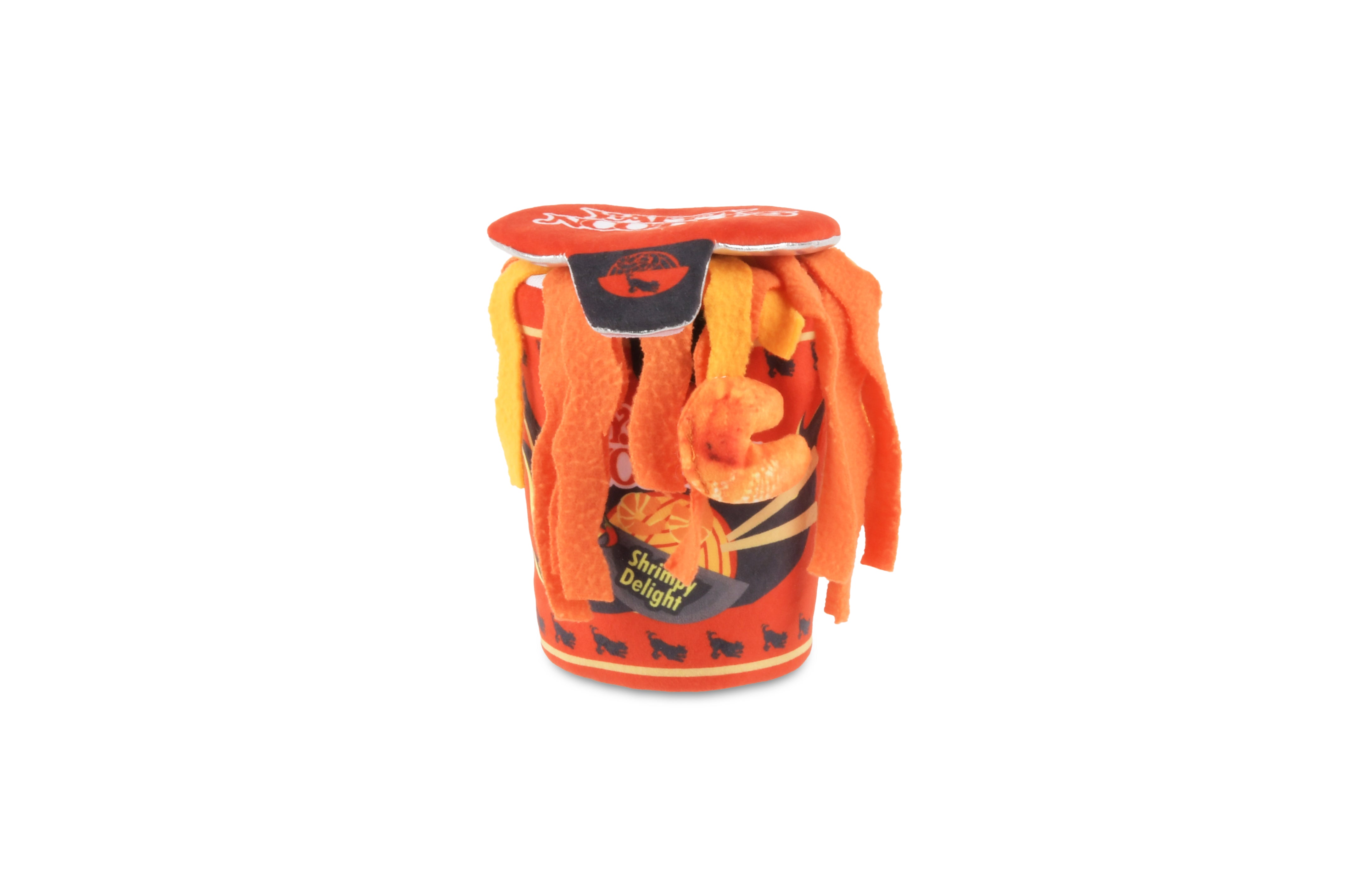 Front view of a ramen noodle plush squeaky dog toy showing the felt noodles outside the cup.