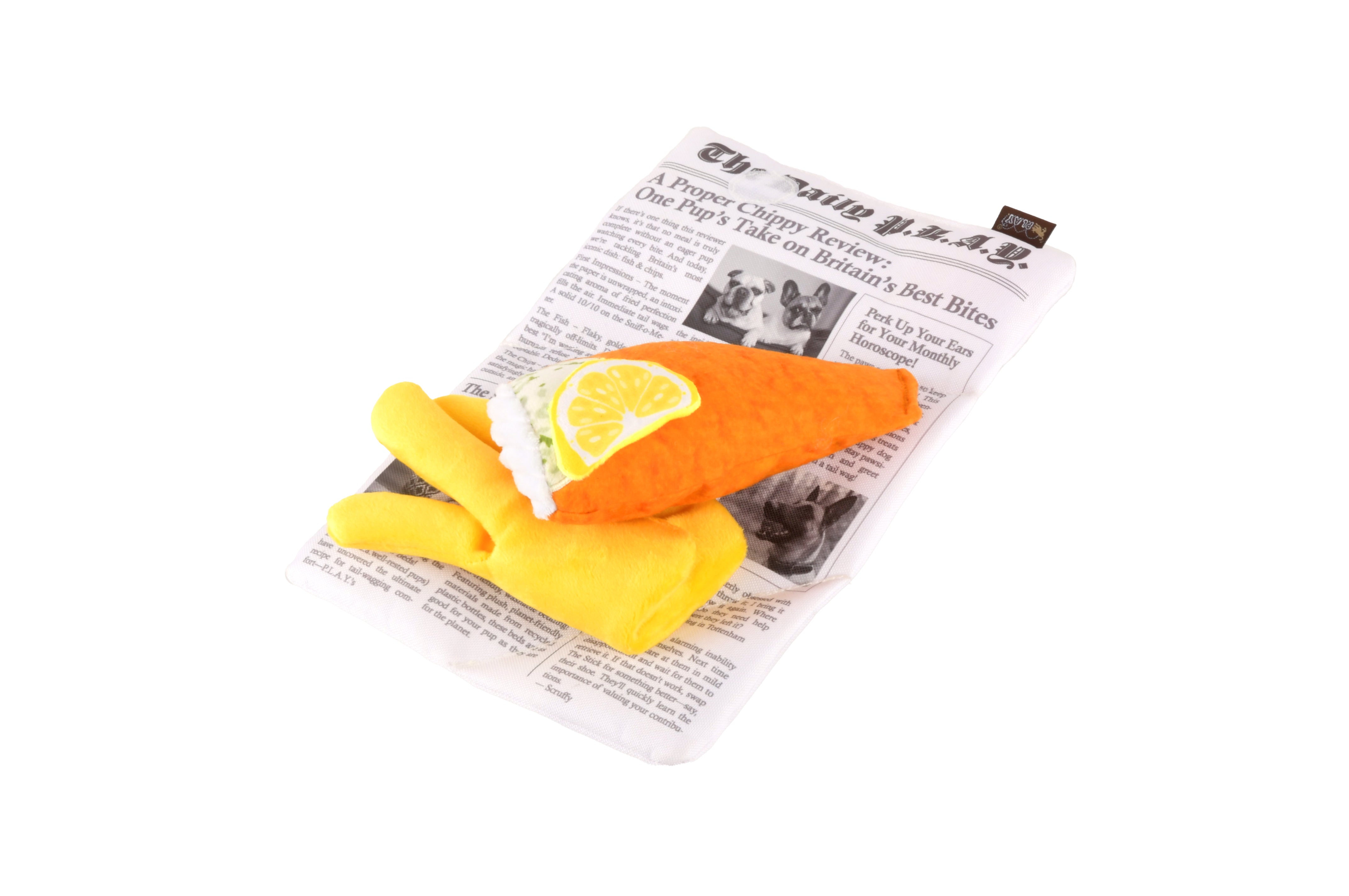 Deconstructed view of a fish & chips plush squeaky dog toy.